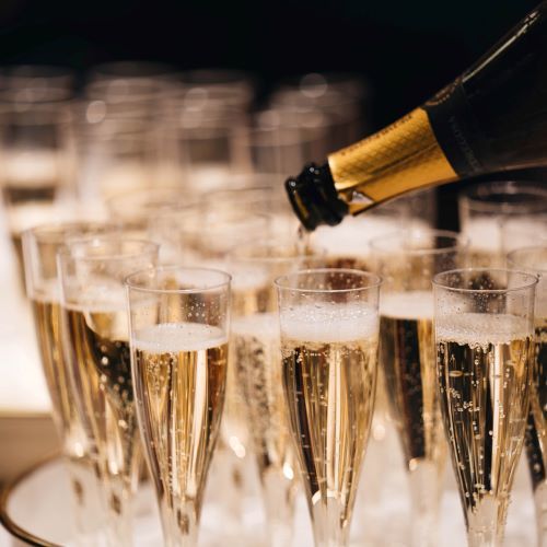 Fizz - line up of champagne glasses square